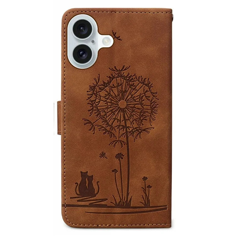 For iPhone 16 Case Cat Dandelion Imprint PU Leather Wallet Phone Cover with Strap