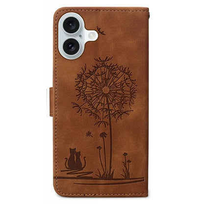 For iPhone 16 Case Cat Dandelion Imprint PU Leather Wallet Phone Cover with Strap