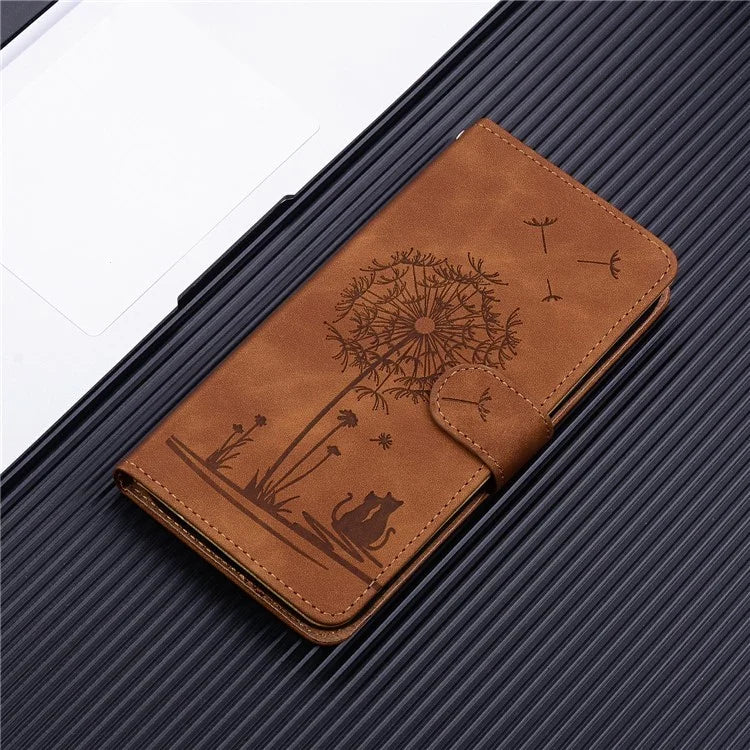 For iPhone 16 Case Cat Dandelion Imprint PU Leather Wallet Phone Cover with Strap