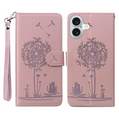 For iPhone 16 Case Cat Dandelion Imprint PU Leather Wallet Phone Cover with Strap