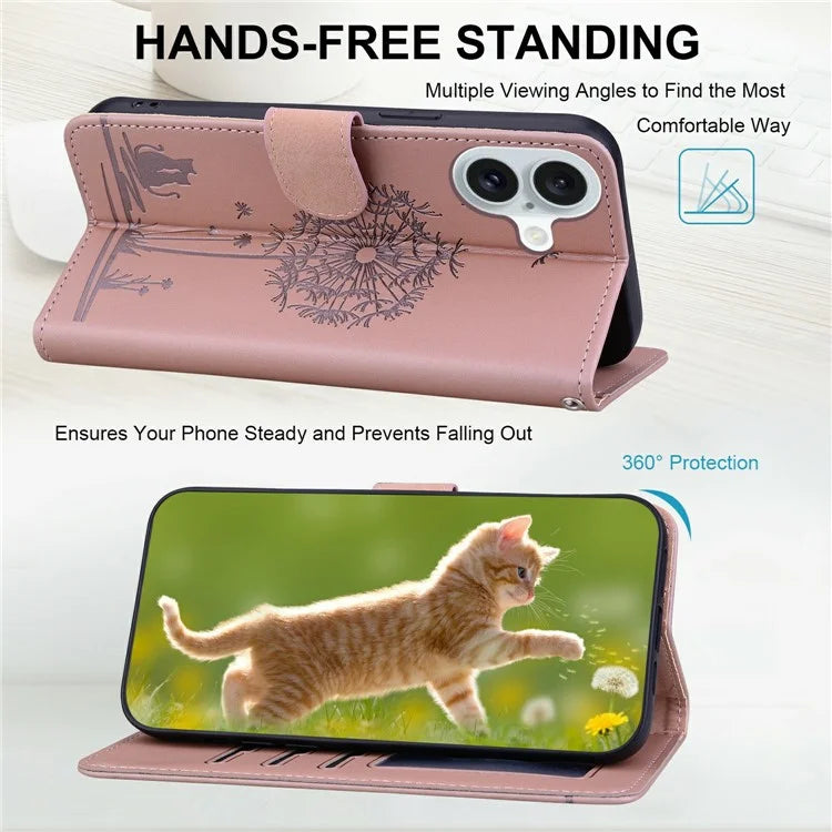 For iPhone 16 Case Cat Dandelion Imprint PU Leather Wallet Phone Cover with Strap