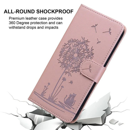 For iPhone 16 Case Cat Dandelion Imprint PU Leather Wallet Phone Cover with Strap