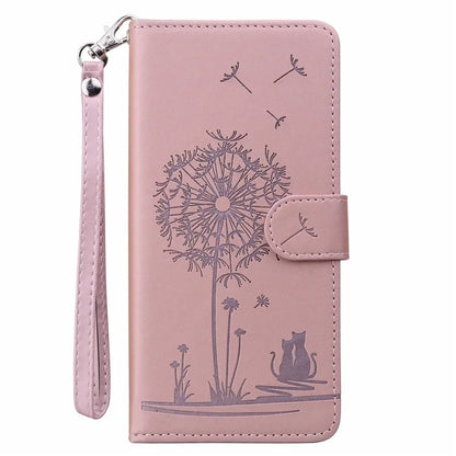 For iPhone 16 Case Cat Dandelion Imprint PU Leather Wallet Phone Cover with Strap
