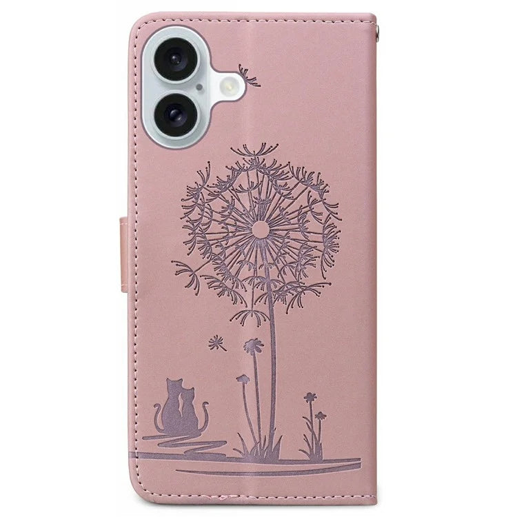 For iPhone 16 Case Cat Dandelion Imprint PU Leather Wallet Phone Cover with Strap