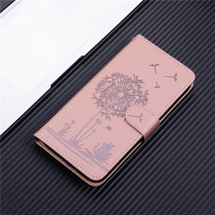 For iPhone 16 Case Cat Dandelion Imprint PU Leather Wallet Phone Cover with Strap