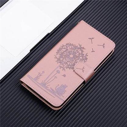 For iPhone 16 Case Cat Dandelion Imprint PU Leather Wallet Phone Cover with Strap