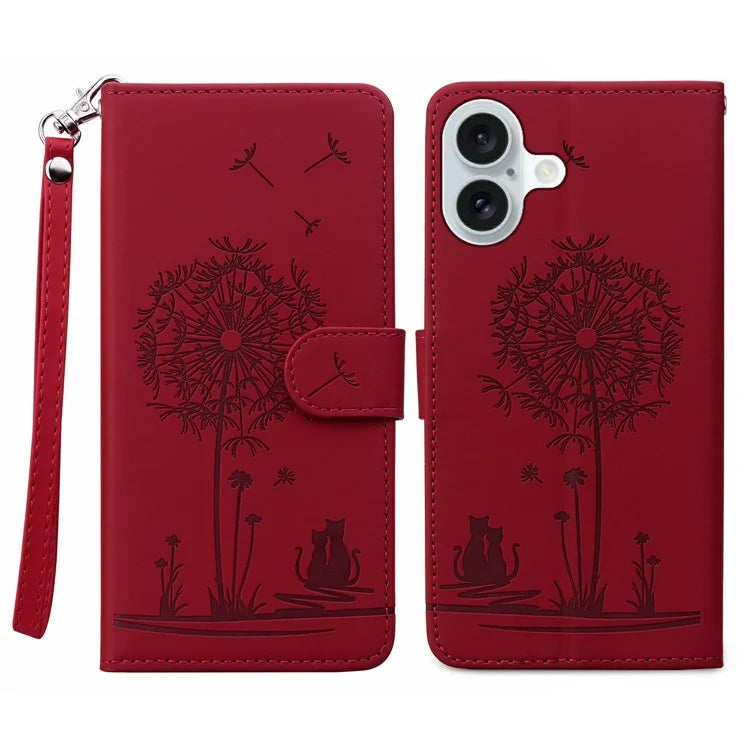 For iPhone 16 Case Cat Dandelion Imprint PU Leather Wallet Phone Cover with Strap