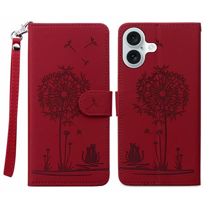 For iPhone 16 Case Cat Dandelion Imprint PU Leather Wallet Phone Cover with Strap