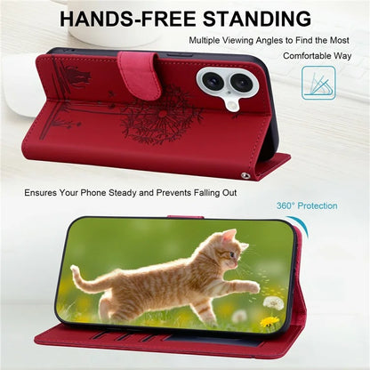 For iPhone 16 Case Cat Dandelion Imprint PU Leather Wallet Phone Cover with Strap