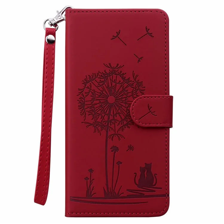 For iPhone 16 Case Cat Dandelion Imprint PU Leather Wallet Phone Cover with Strap