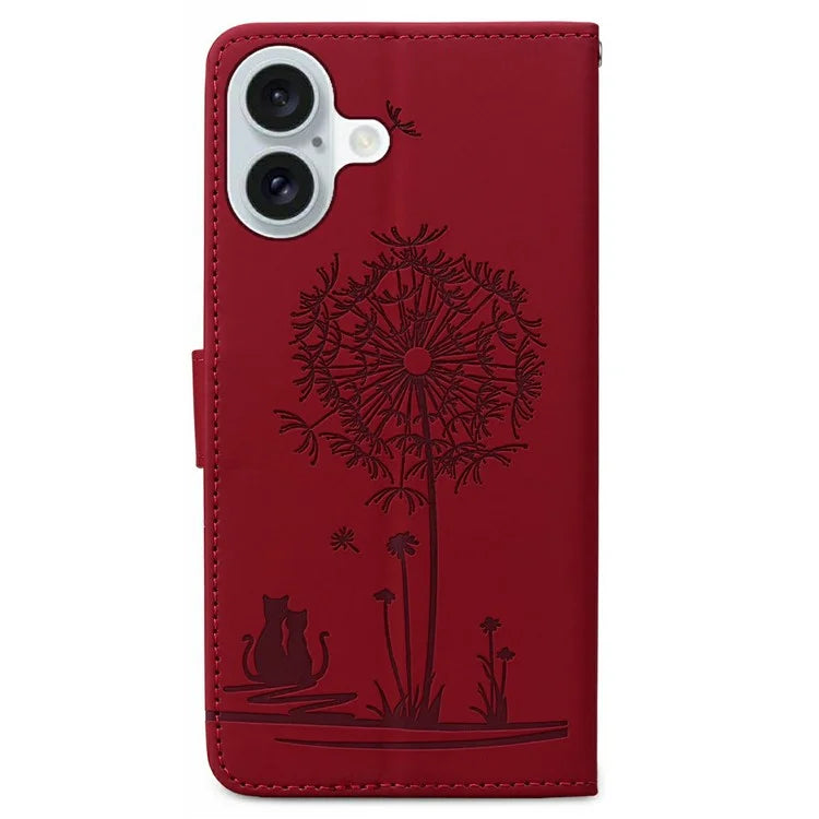 For iPhone 16 Case Cat Dandelion Imprint PU Leather Wallet Phone Cover with Strap