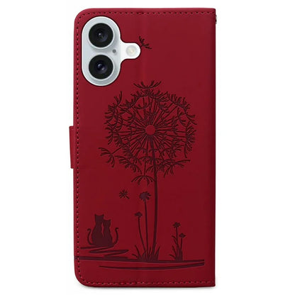 For iPhone 16 Case Cat Dandelion Imprint PU Leather Wallet Phone Cover with Strap