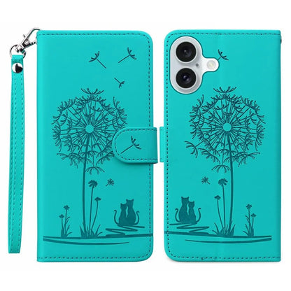 For iPhone 16 Case Cat Dandelion Imprint PU Leather Wallet Phone Cover with Strap