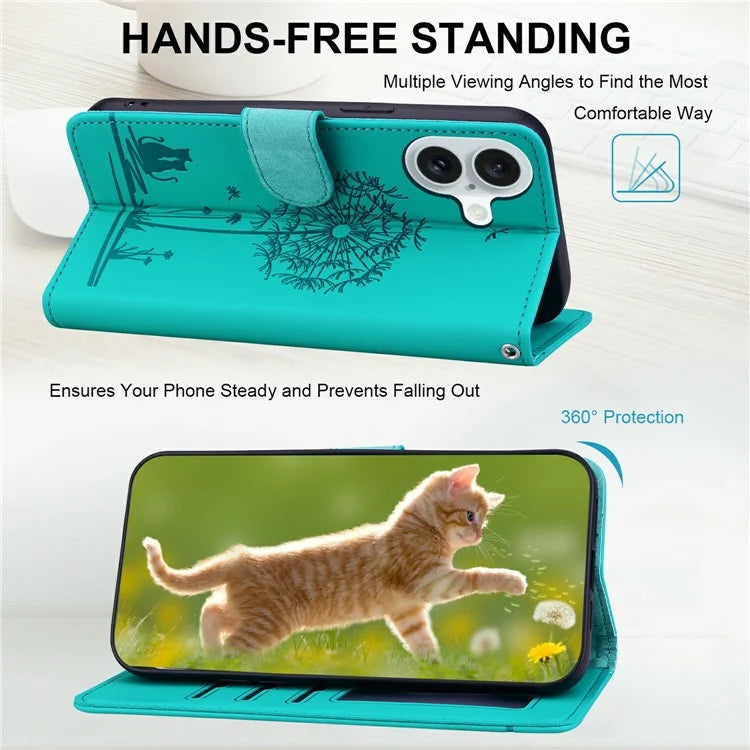 For iPhone 16 Case Cat Dandelion Imprint PU Leather Wallet Phone Cover with Strap