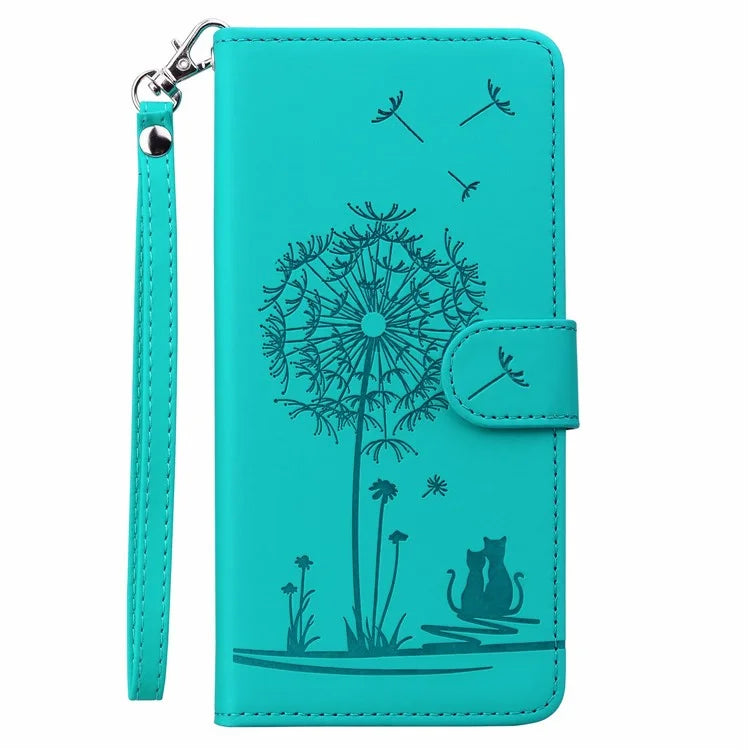 For iPhone 16 Case Cat Dandelion Imprint PU Leather Wallet Phone Cover with Strap
