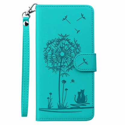 For iPhone 16 Case Cat Dandelion Imprint PU Leather Wallet Phone Cover with Strap