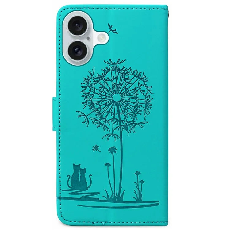 For iPhone 16 Case Cat Dandelion Imprint PU Leather Wallet Phone Cover with Strap