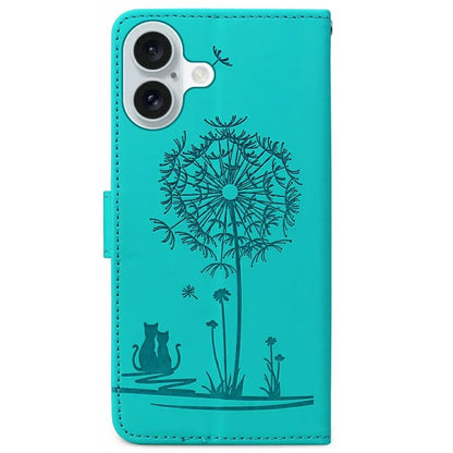 For iPhone 16 Case Cat Dandelion Imprint PU Leather Wallet Phone Cover with Strap