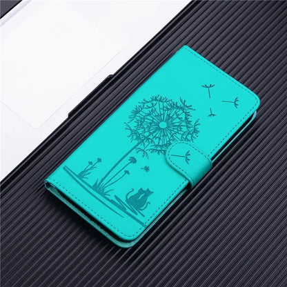 For iPhone 16 Case Cat Dandelion Imprint PU Leather Wallet Phone Cover with Strap