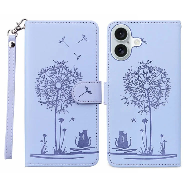 For iPhone 16 Case Cat Dandelion Imprint PU Leather Wallet Phone Cover with Strap