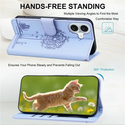 For iPhone 16 Case Cat Dandelion Imprint PU Leather Wallet Phone Cover with Strap