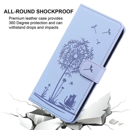 For iPhone 16 Case Cat Dandelion Imprint PU Leather Wallet Phone Cover with Strap