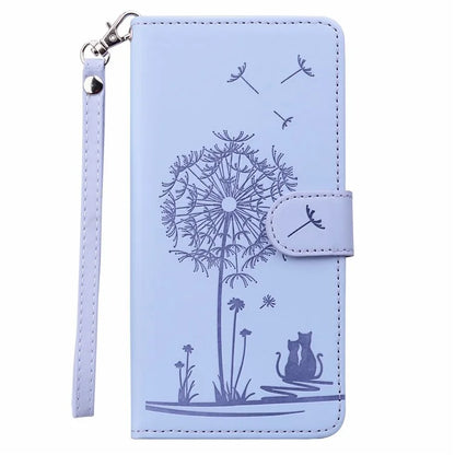 For iPhone 16 Case Cat Dandelion Imprint PU Leather Wallet Phone Cover with Strap
