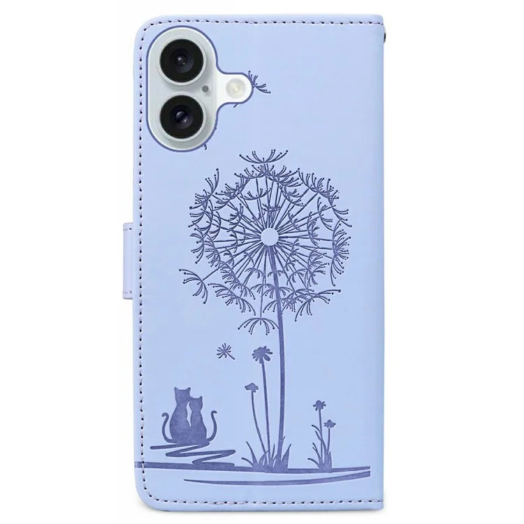 For iPhone 16 Case Cat Dandelion Imprint PU Leather Wallet Phone Cover with Strap