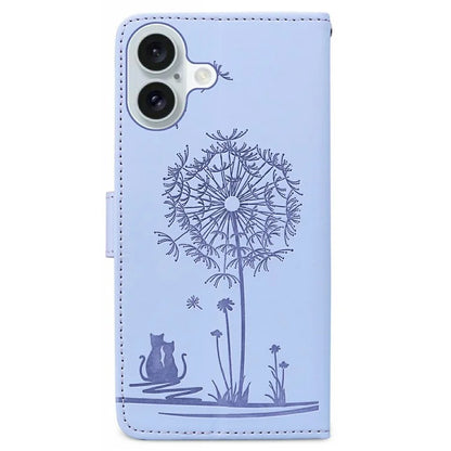 For iPhone 16 Case Cat Dandelion Imprint PU Leather Wallet Phone Cover with Strap