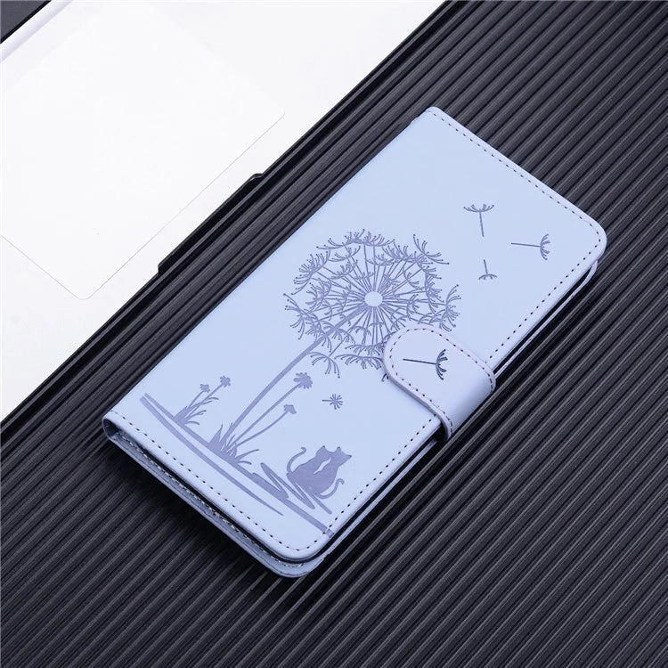 For iPhone 16 Case Cat Dandelion Imprint PU Leather Wallet Phone Cover with Strap