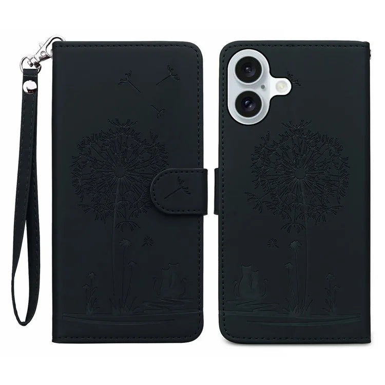 For iPhone 16 Case Cat Dandelion Imprint PU Leather Wallet Phone Cover with Strap