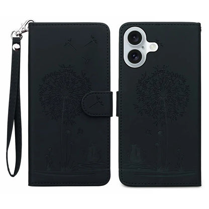 For iPhone 16 Case Cat Dandelion Imprint PU Leather Wallet Phone Cover with Strap