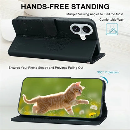 For iPhone 16 Case Cat Dandelion Imprint PU Leather Wallet Phone Cover with Strap