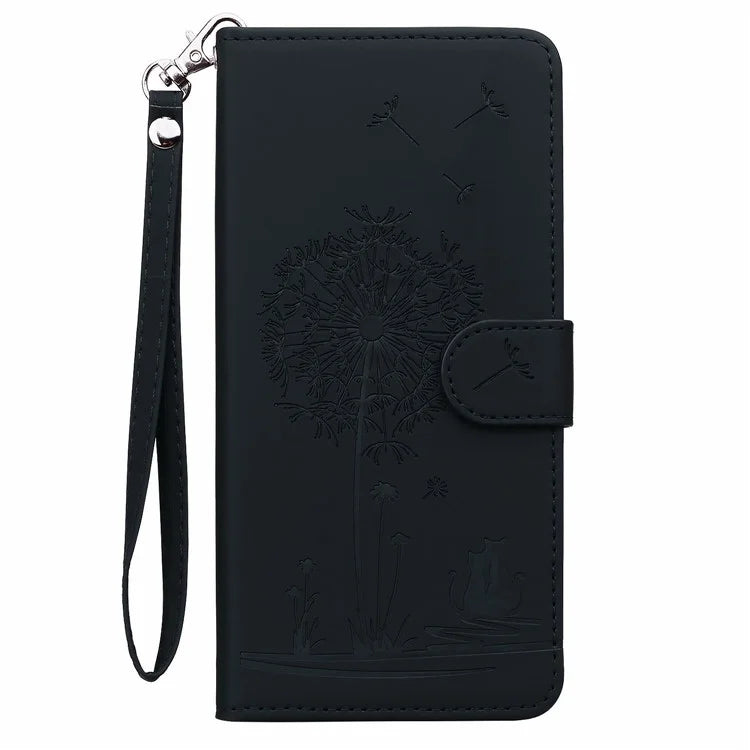 For iPhone 16 Case Cat Dandelion Imprint PU Leather Wallet Phone Cover with Strap