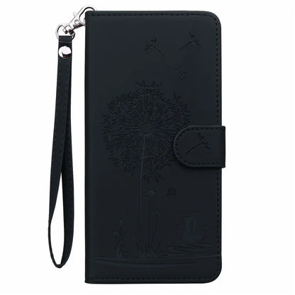 For iPhone 16 Case Cat Dandelion Imprint PU Leather Wallet Phone Cover with Strap