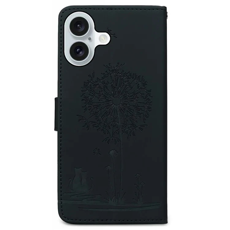 For iPhone 16 Case Cat Dandelion Imprint PU Leather Wallet Phone Cover with Strap