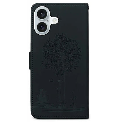 For iPhone 16 Case Cat Dandelion Imprint PU Leather Wallet Phone Cover with Strap