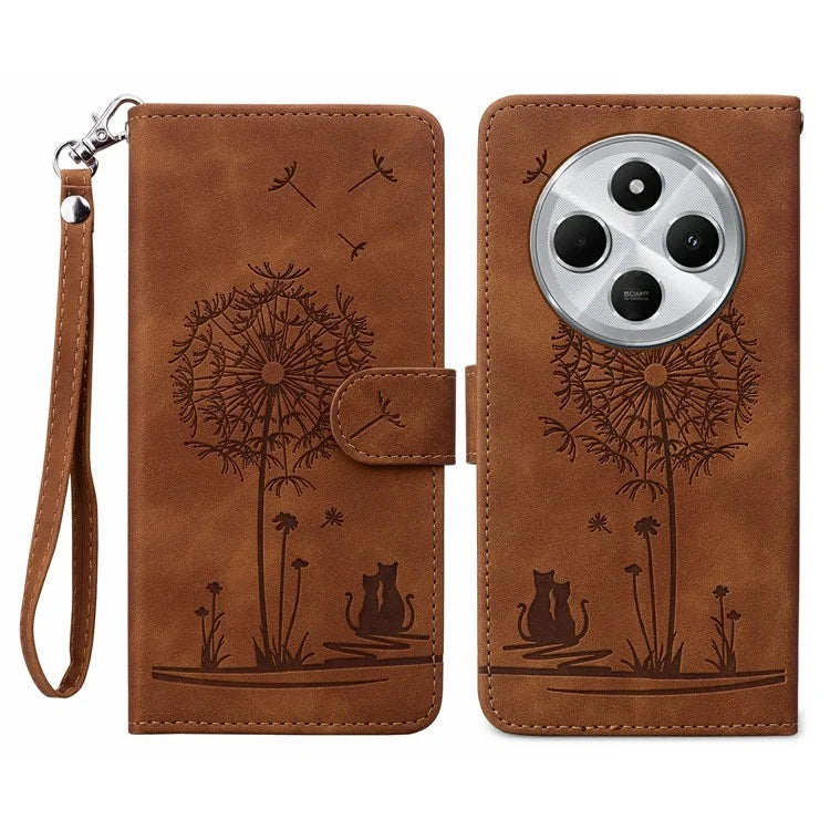 For Xiaomi Redmi 14C 4G Case Cat Dandelion Imprint PU Leather Wallet Phone Cover with Strap