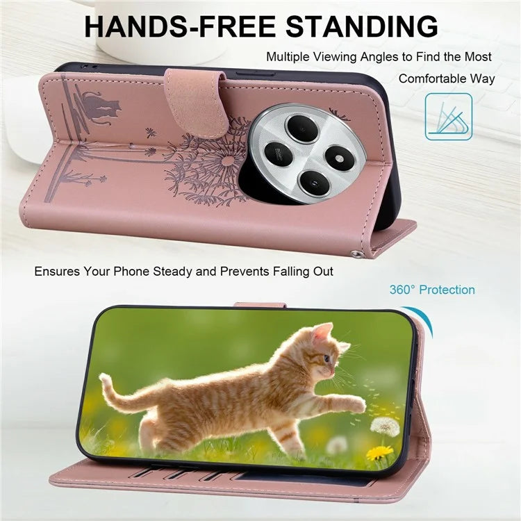 For Xiaomi Redmi 14C 4G Case Cat Dandelion Imprint PU Leather Wallet Phone Cover with Strap