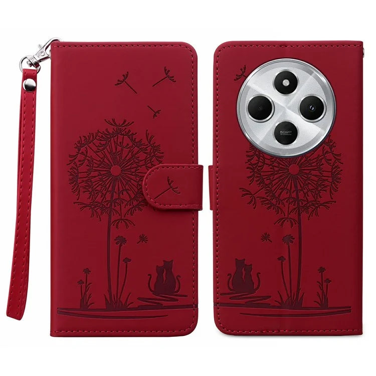 For Xiaomi Redmi 14C 4G Case Cat Dandelion Imprint PU Leather Wallet Phone Cover with Strap