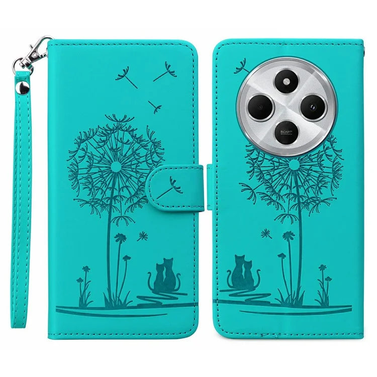 For Xiaomi Redmi 14C 4G Case Cat Dandelion Imprint PU Leather Wallet Phone Cover with Strap
