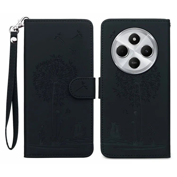 For Xiaomi Redmi 14C 4G Case Cat Dandelion Imprint PU Leather Wallet Phone Cover with Strap