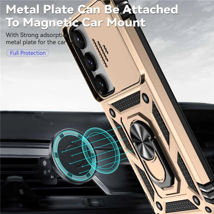 For Samsung Galaxy S23 Case Slide Camera Lid PC+TPU Phone Cover with Kickstand
