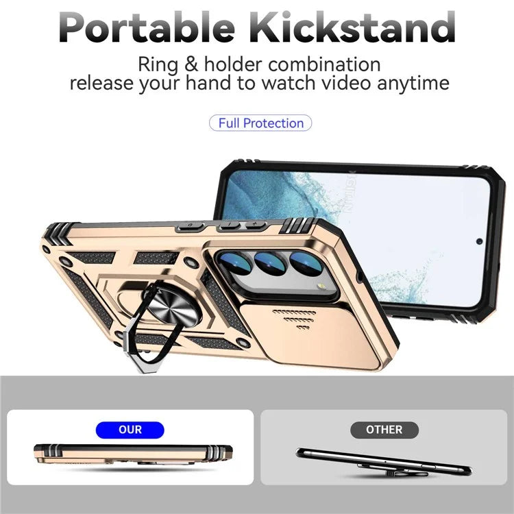 For Samsung Galaxy S23 Case Slide Camera Lid PC+TPU Phone Cover with Kickstand