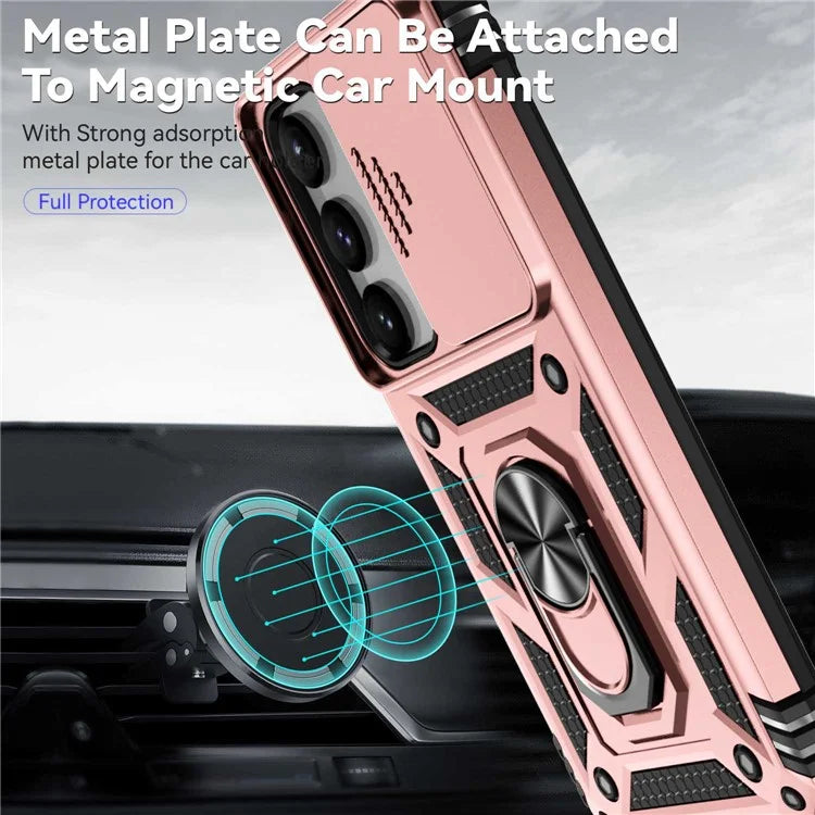 For Samsung Galaxy S23 Case Slide Camera Lid PC+TPU Phone Cover with Kickstand