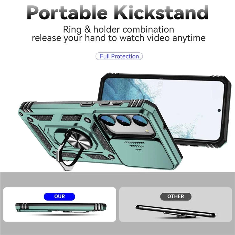 For Samsung Galaxy S23 Case Slide Camera Lid PC+TPU Phone Cover with Kickstand