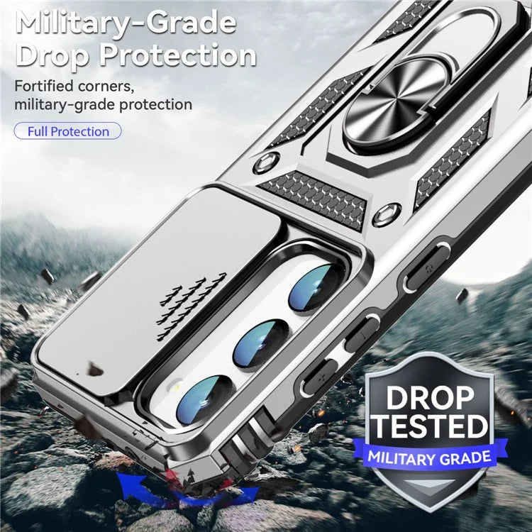 For Samsung Galaxy S23 Case Slide Camera Lid PC+TPU Phone Cover with Kickstand