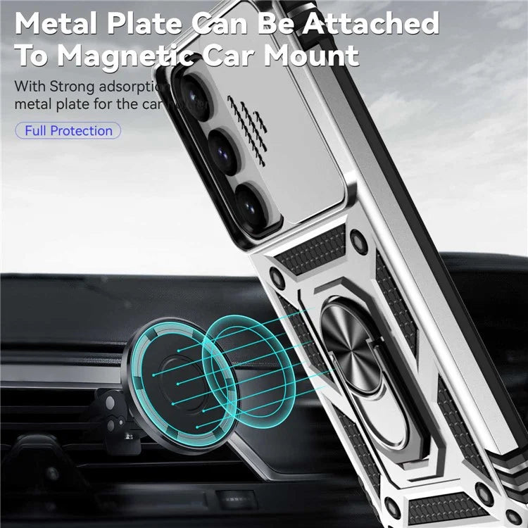 For Samsung Galaxy S23 Case Slide Camera Lid PC+TPU Phone Cover with Kickstand