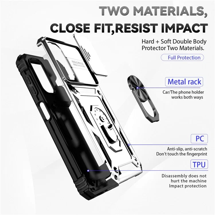 For Samsung Galaxy A14 5G / A14 4G Case PC+TPU Slide Camera Protector Phone Cover with Kickstand