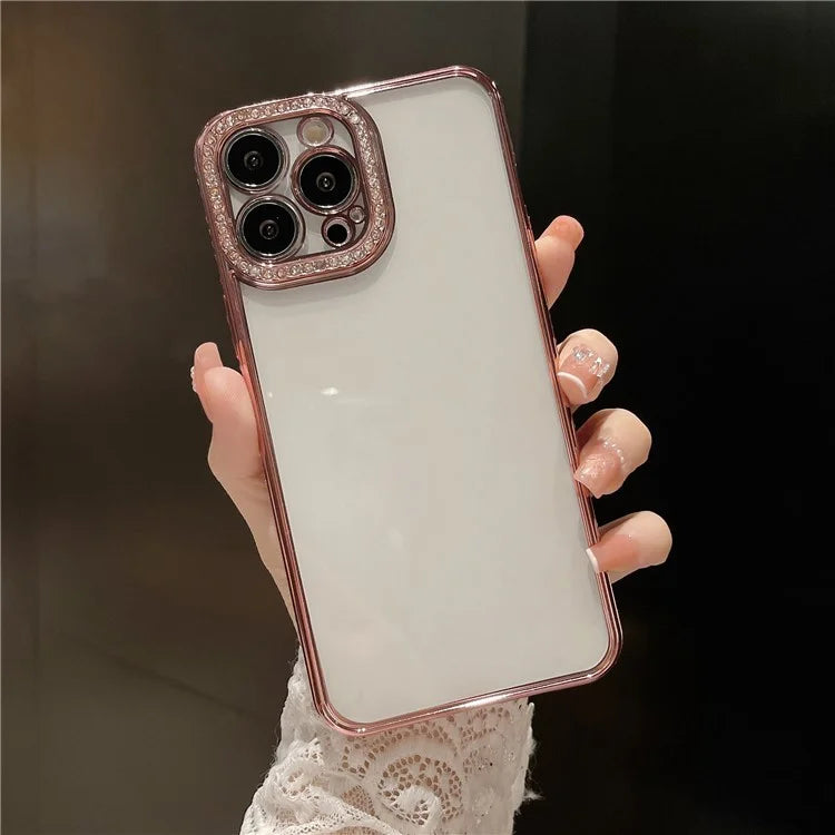 For iPhone 14 Pro Max Shiny Rhinestone TPU Case Transparent Electroplating Phone Cover with Precise Cutout PET Lens Protector